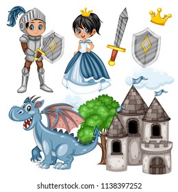 Fairy Tale Characters Set. Knight in Armor and Helmet, Beautiful Princess in Purple Dress, Dragon, Old Castle, Crown, Sword and Shield,  Isolated on White Background