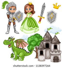 Fairy Tale Characters Set. Knight in Armor and Helmet, Beautiful Princess in Purple Dress, Dragon, Old Castle, Crown, Sword and Shield,  Isolated on White Background
