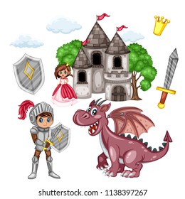 Fairy Tale Characters Set. Knight in Armor and Helmet, Beautiful Princess in Pink Dress, Dragon, Old Castle, Crown, Sword and Shield,  Isolated on White Background
