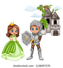 Fairy Tale Characters Set. Knight in Armor and Helmet and  Beautiful Princess in front of Old Castle with a Dragon Isolated on White Background