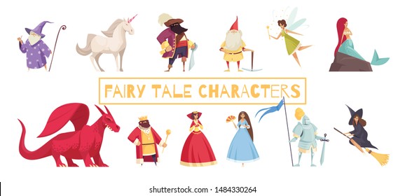 Fairy tale characters set with unicorn and wizard flat isolated vector illustration