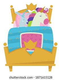 Fairy tale characters sleeping in bed, isolated sofa with crown and heart. Bedroom of princess with unicorn and rabbit having nap. Resting animals and fantastic creatures. Vector in flat style