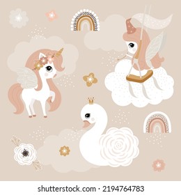 Fairy tale characters unicorn swan fairy