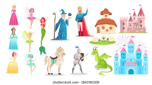 Fairy tale characters vector illustration set. Cartoon flat fantasy fairytale story magic persons collection, princess and prince knight with sword, king in crown, medieval castle isolated on white