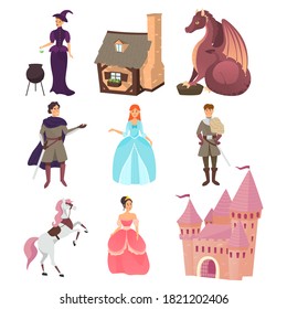 Fairy tale characters. Wizard, dragon and knight, prince and princess  with a magic castle fairy tale. Fairy tale characters are set in different costumes. Vector illustration