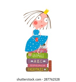 Fairy Tale Clever Princess Sitting on Stack of Books Reading. Childhood brightly colored funny hand drawn cute illustration for children education.