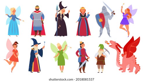 Fairy tale clipart. Medieval magician characters, cartoon fairy girl dragon and fantasy wizard. Halloween clothes, child book story decent vector set