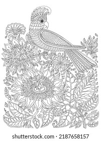 Fairy tale cockatoo parrot bird and fantasy jungle flowers, branches, leaves. Black  and White Coloring book page 