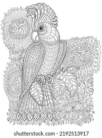 Fairy tale cockatoo parrot bird and fantasy jungle flowers, branches, leaves. Black  and White Coloring book page 