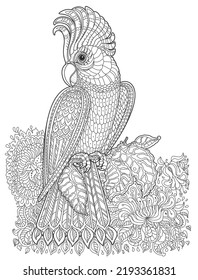 Fairy tale cockatoo parrot bird and fantasy jungle flowers, branches, leaves. Black  and White Coloring book page 