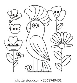 Fairy tale cockatoo parrot bird and fantasy jungle flowers, branches, leaves. Black and White Coloring book page