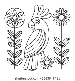 Fairy tale cockatoo parrot bird and fantasy jungle flowers, branches, leaves. Black and White Coloring book page