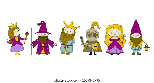 Fairy tale collection with fantasy character: mage, king, queen, knight, princess, gnome. Hand drawn vector illustration