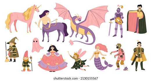 Fairy tale color icon set with dragon prince zombie fairytale and other characters in pink color vector illustration