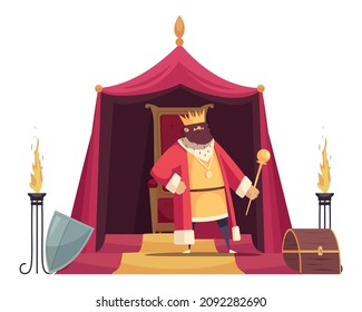 Fairy tale composition with character of ancient king with throne in his pavilion vector illustration