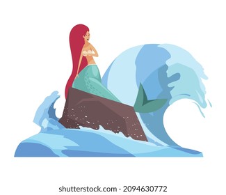 Fairy tale composition with character of mermaid riding ocean wave vector illustration