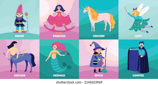 Fairy tale composition set with dwarf princess unicorn fairy kintavr mermaid witch vampire descriptions vector illustration