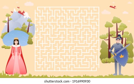 Fairy tale concept for children maze with cute knight and princess characters in cartoon style, help to save girl from dragons, riddle for kids, printable game