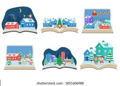 Fairy tale concept in cute urban street scene with happy Santa in sleigh, cute animals and snowman. Christmas fairy tale story coming out of a book. Snowfall on Christmas eve. Xmas vector illustration