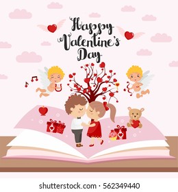 Fairy tale concept. Valentine's day illustration with sweet couple, cupid angels and tree with hearts. Imagination coming to life in a children fantasy book.