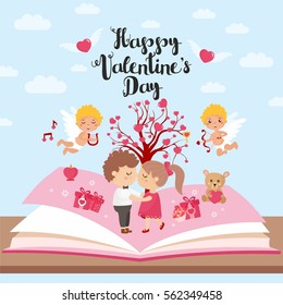 Fairy tale concept. Valentine's day illustration with sweet couple, cupid angels and tree with hearts. Imagination coming to life in a children fantasy book.