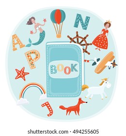 Fairy tale concept Vector cute cartoon illustration book and fantasy kids world. Characters: mermaid, unicorn, wheel sheep, ballon, rainbow, airplane, princess. Reading. Imagination in a children mind