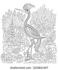 Fairy tale crane bird, fantastic water plants and flowers on the lake. Coloring book page for adults and children. Black and White