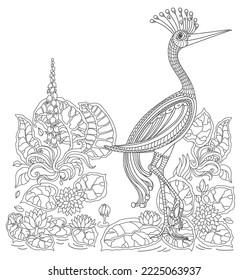 Fairy tale crane bird, fantastic water plants and flowers on the lake. Coloring book page for adults and children. Black and White