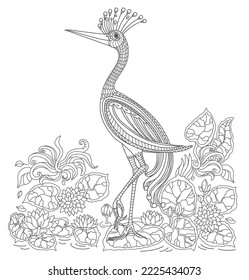 Fairy tale crane bird, fantastic water plants and flowers on the lake. Coloring book page for adults and children. Black and White