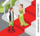 Fairy tale creatures isometric composition with prince meeting beautiful princess coming down stairs with red carpet vector illustration