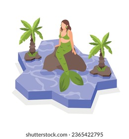 Fairy tale creatures isometric composition with mermaid sitting on stone 3d vector illustration