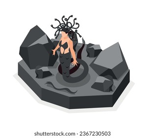 Fairy tale creatures isometric composition gorgon medusa with hair and tail of snake among stones vector illustration