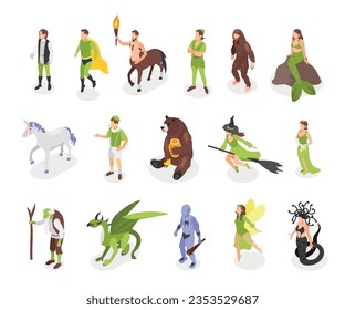 Fairy tale creatures isometric icons with mermaid unicorn yeti bear dragon batman characters isolated vector illustration