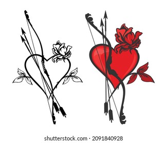 fairy tale cupid bow and arrows against heart shape and  rose flower design set - vector valentines day symbol decorative outline collection