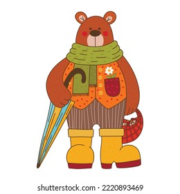 Fairy tale cute autumn brown bear forest animal cute vector character 