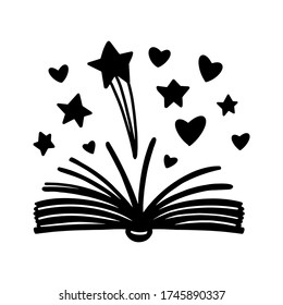 Cuento de hadas lindo libro. Libro abierto con estrellas y corazones. Ilustración vectorial aislada en fondo blanco.