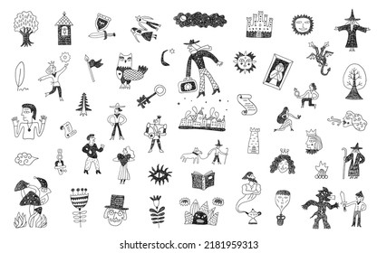 
fairy tale doodles , hand drawn characters set ,design elements in sketch style