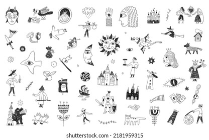 
fairy tale doodles , hand drawn characters set , design elements in sketch style