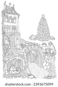 Fairy tale Dragon apartment in the old medieval town. Dragons family in the morning after a New Year's party. Adults coloring book page