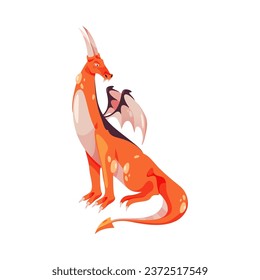 Fairy tale dragon magic creature with wings and horns prehistoric chinese animal, old dinosaur reptile. Vector illustration fantasy mythology creature, wild lizard orange monster cartoon character