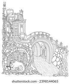 Fairy tale Dragon in the old medieval cave, safe underground shelter for dragon family with library furniture. Adults coloring book page