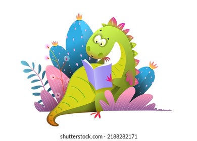 Fairy Tale Dragon Reading Book. Learning or studying fairy magic dragon cartoon for kids education. Colorful vector isolated clipart.