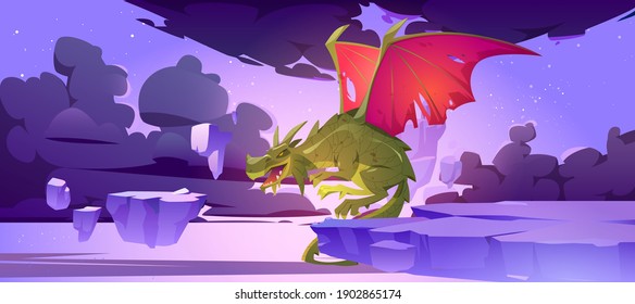 Fairy tale dragon in sky with flying rock islands, black clouds and stars. Vector cartoon fantasy illustration of scary monster from medieval mythology, magic beast with red wings