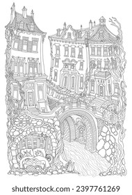 Fairy tale Dragon underground shelter in the old medieval town cave, bedroom grotto. Adults coloring book page