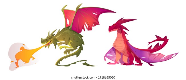 Fairy tale dragons, magic creature with tail and wings. Vector cartoon illustration of fire breathing monsters from medieval mythology, fantasy red and green flying beasts isolated on white background