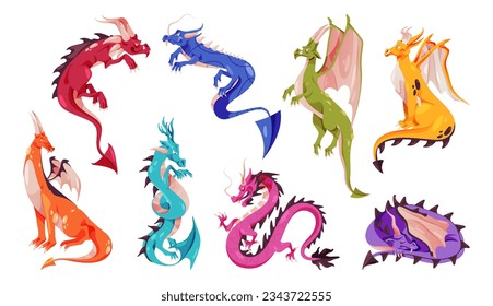 Fairy tale dragons, magic creature with tail and wings. Vector fantasy flying beasts, prehistoric animals cartoon characters. Fire breathing monsters from medieval mythology