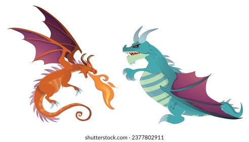 Fairy tale dragons, magic creature with tail and wings. Vector cartoon illustration of fire breathing monsters from medieval mythology, fantasy red and green flying beasts isolated on white background