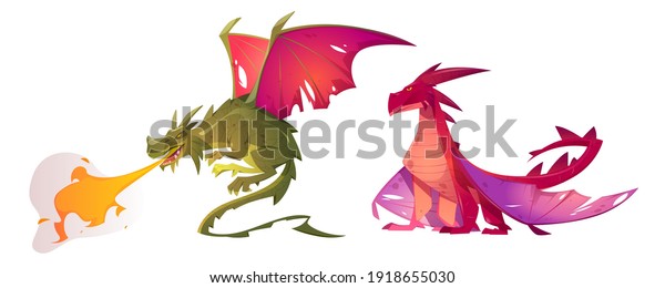 Fairy tale dragons, magic creature with tail\
and wings. Vector cartoon illustration of fire breathing monsters\
from medieval mythology, fantasy red and green flying beasts\
isolated on white\
background