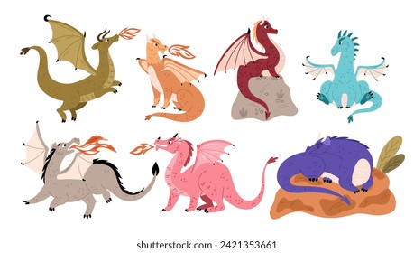 Fairy tale dragons. Magical fire breathing animals. Mythological winged creatures on stones. Fantasy flying reptiles with wings. Mythical lizards. Cartoon monsters