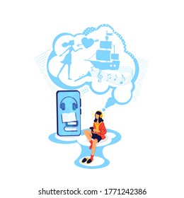 Fairy tale ebook flat concept vector illustration. Listen to literature on smartphone. Audiobook on phone. Female reader 2D cartoon character for web design. Electronic book creative idea